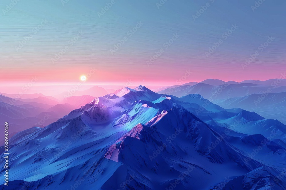 Ai generated vivid illustration of a breathtaking mountain range at dusk Capturing the serene beauty of nature with a drone-like perspective. - obrazy, fototapety, plakaty 