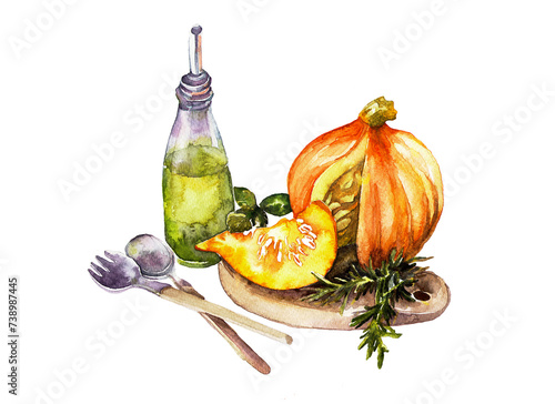Still life of oil, orange pumpkin and cutlery. Watercolor painting. © svistoplas