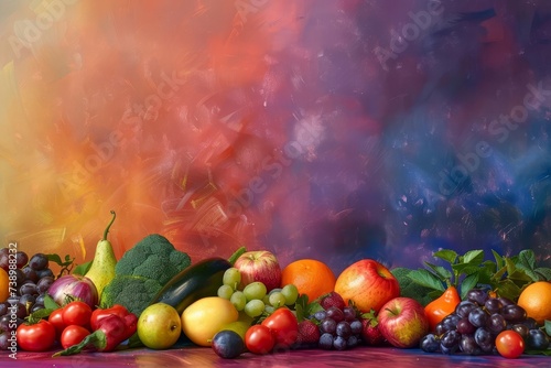 Artistic composition of exotic fruits and vegetables on a vibrant background Illustrating the concept of healthy living and the richness of nature's bounty.