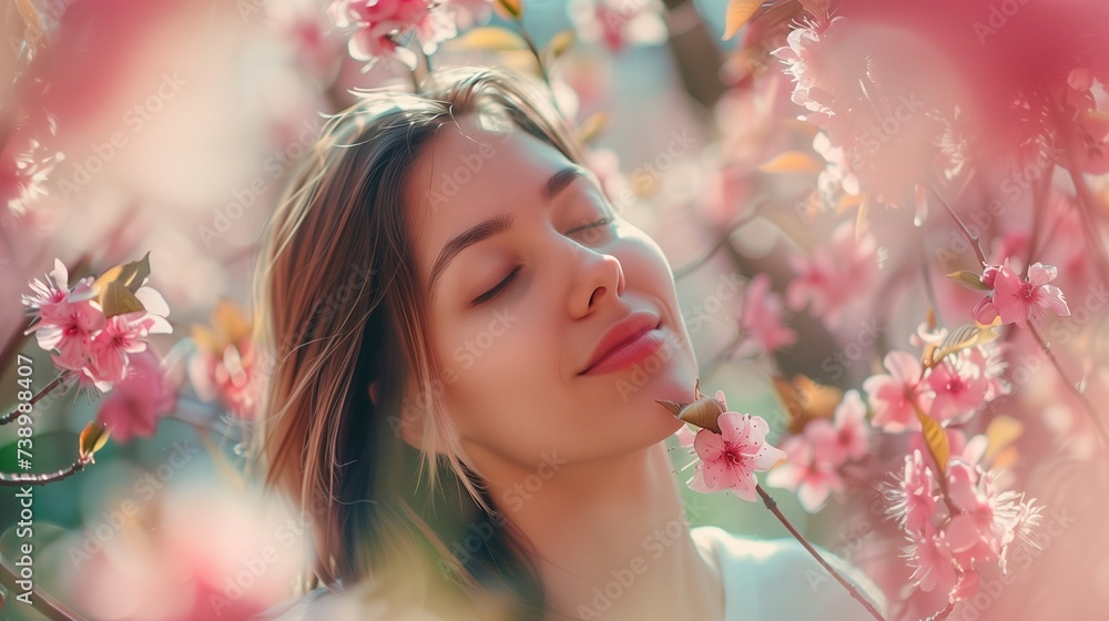Beautiful happy young woman enjoying smell in a flowering spring garden