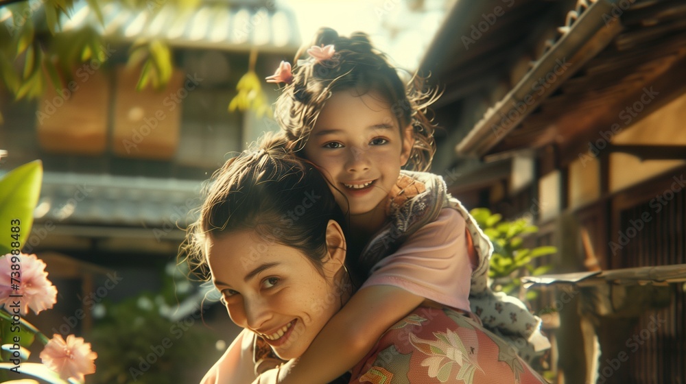 Cute young daughter on a piggy back ride with her mother. - obrazy, fototapety, plakaty 