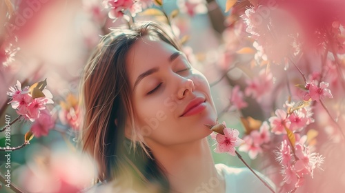 Beautiful happy young woman enjoying smell in a flowering spring garden