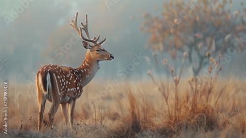 Chital or cheetal, Axis axis, spotted deer or axis deer in nature habitat, bellow majestic powerful adult animals. photo