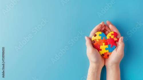 World autism awareness day concept. children hands holding colorful puzzle heart on blue background, copy space