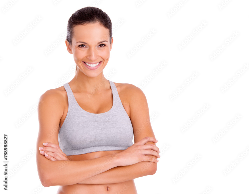 Studio, woman and confident in portrait for exercise in gym clothes, fitness and arms crossed by white background. Spain model, face and positive for aerobics workout and training for strong body Studio, woman and confident in portrait for exercise in gym clothes, fitness and arms crossed by white background. Spain model, face and positive for aerobics workout and training for strong body