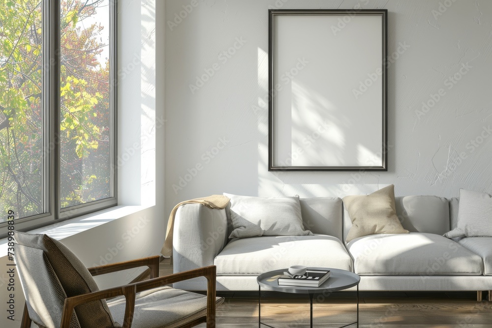 Fototapeta premium Modern Living Room With Couch, Chair, Table, and Picture Frame. Generative AI