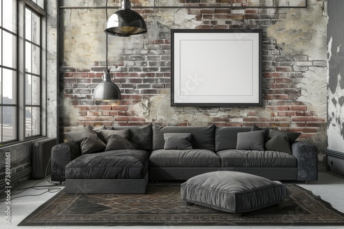 Spacious Living Room With Large Gray Couch mock-up poster frame. Generative AI