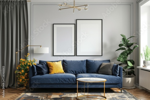 Modern Living Room With Blue Couch and Wall Art mock-up poster frame. Generative AI