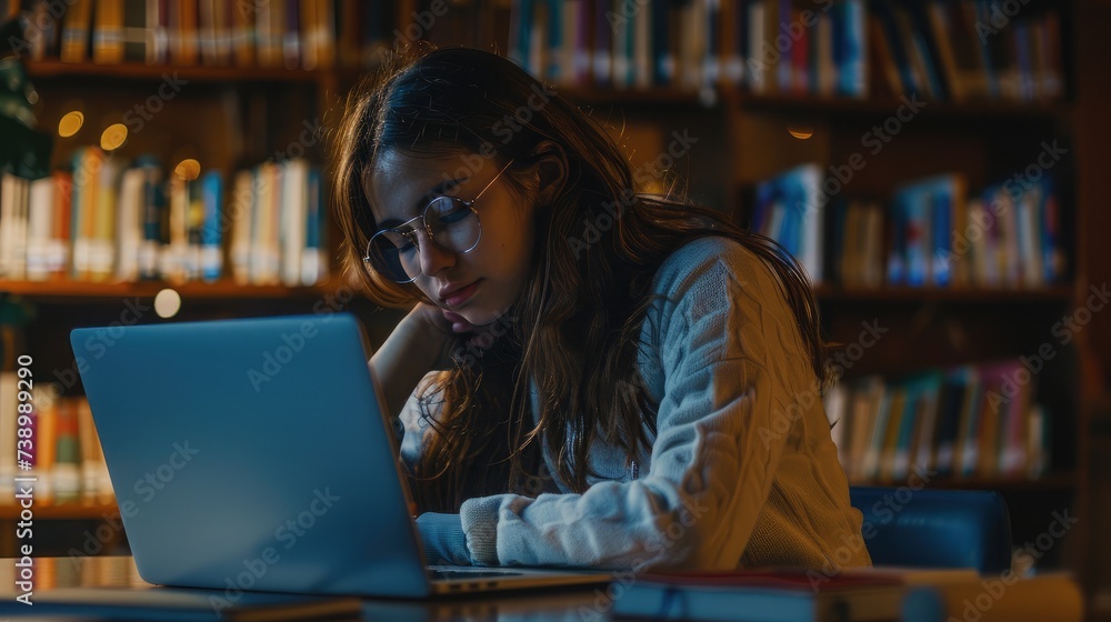 Dreamy attractive female student thinking about coursework strategy sitting in university library with laptop computer Dreamy attractive female student thinking about coursework strategy sitting in university library with laptop computer