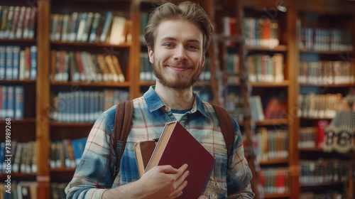 Confident handsome student holding books and smiling at camera, library bookshelves on background, learning and education concept