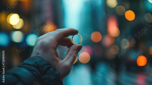 man's hand is holding an optical ring out of focus city photo