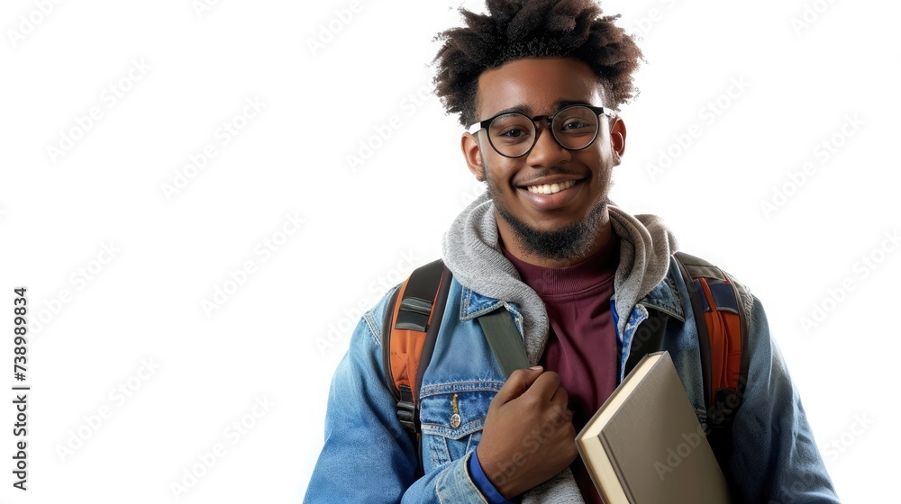 Portrait of smiling young college student with books and backpack against white background Portrait of smiling young college student with books and backpack against white background