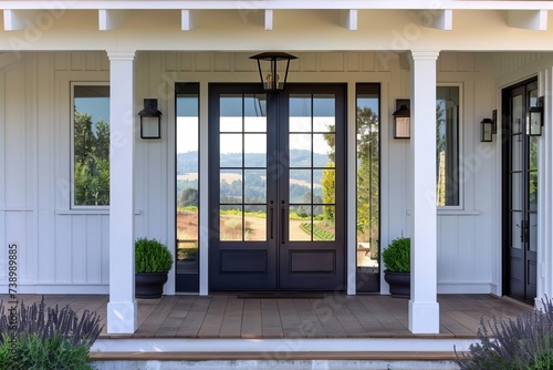 Charming entrance to a modern farmhouse Featuring a spacious porch Elegant door design And harmonious blend of materials.