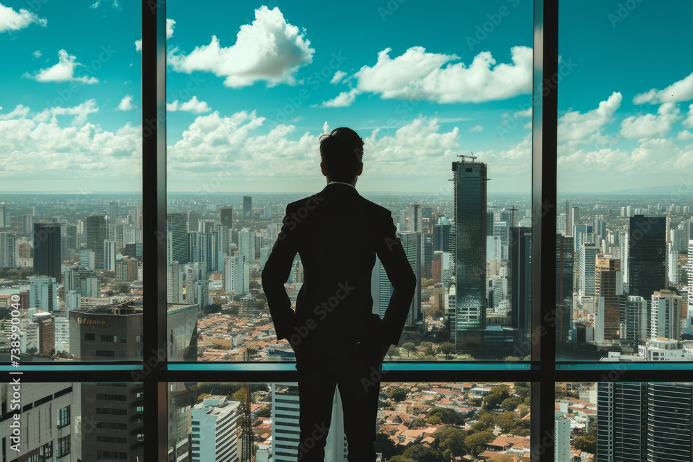 Man Standing in Front of Window Overlooking City