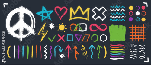 Grunge design elements set. Rainbow color brush strokes, halftone effect. Love, crown, peace symbol collection. Arrow, infinity, wave geometric shape. graphic design element. Stop war concept