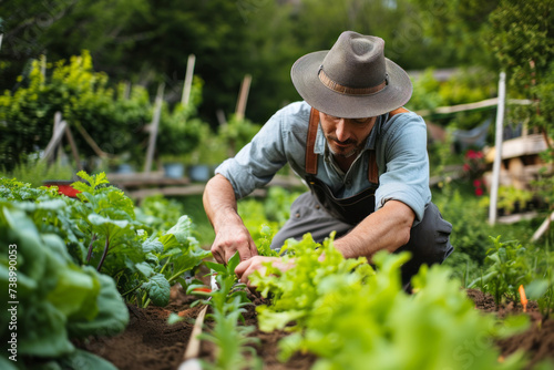 Man in Hat Tending to Garden