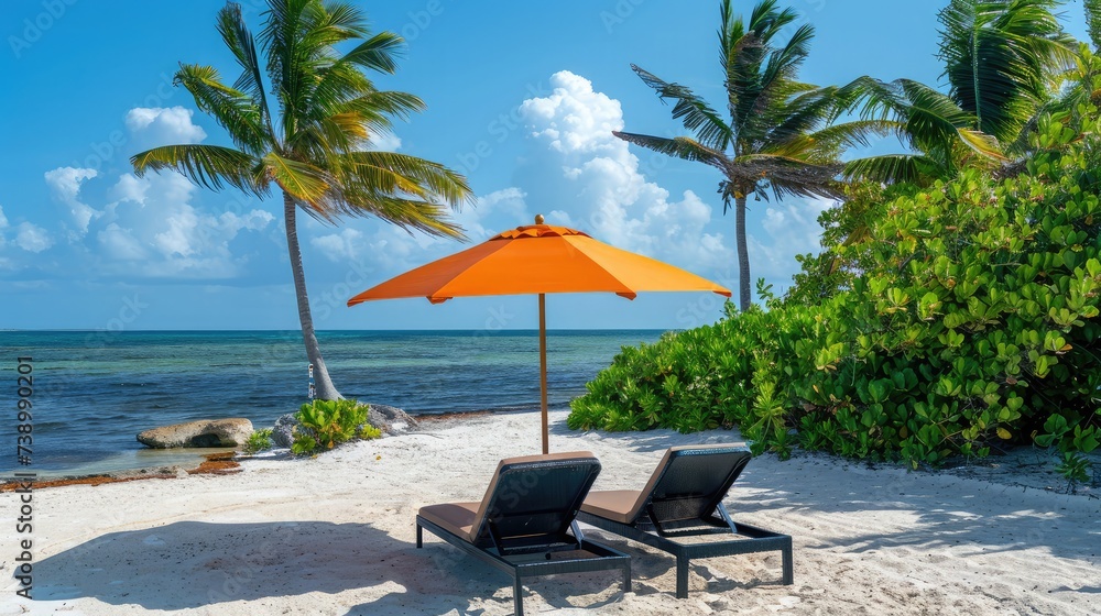 Two lounge chairs with sun umbrella on a beach