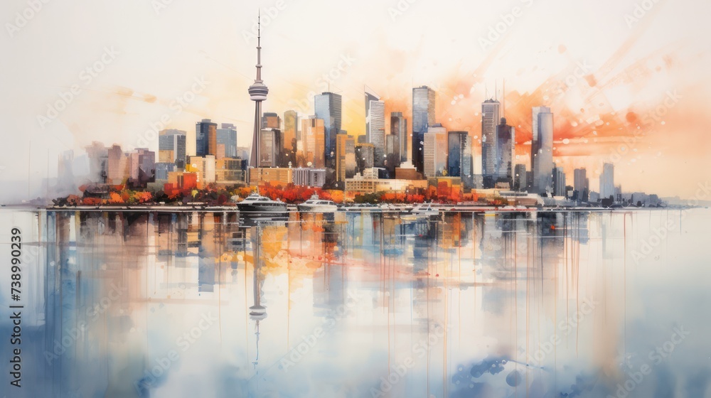 Water color painting illustration of a city view with skyscrapers from across the lake reflected by the lake water.