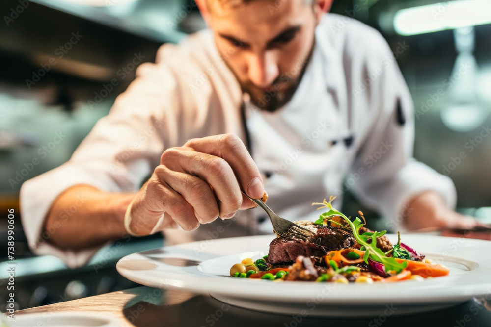 Chef Putting Fork in Plate of Food Chef Putting Fork in Plate of Food