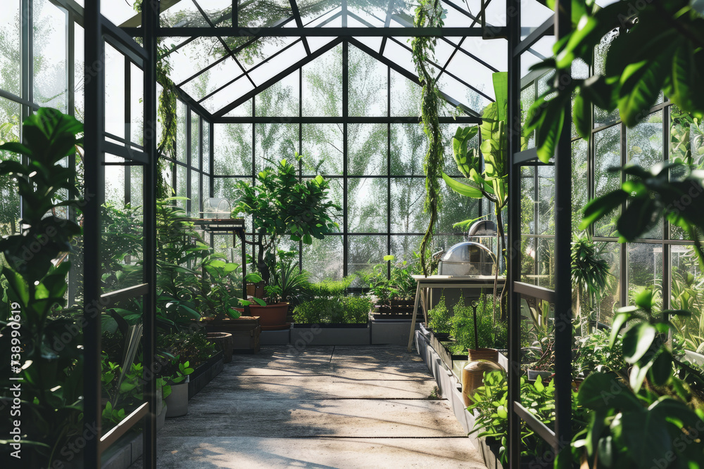 Abundant Green Plants in a Greenhouse