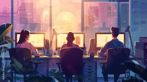 illustration of people in a daytime office working on their computers in high resolution and high quality. OFFICE CONCEPT.,WORK © Marco