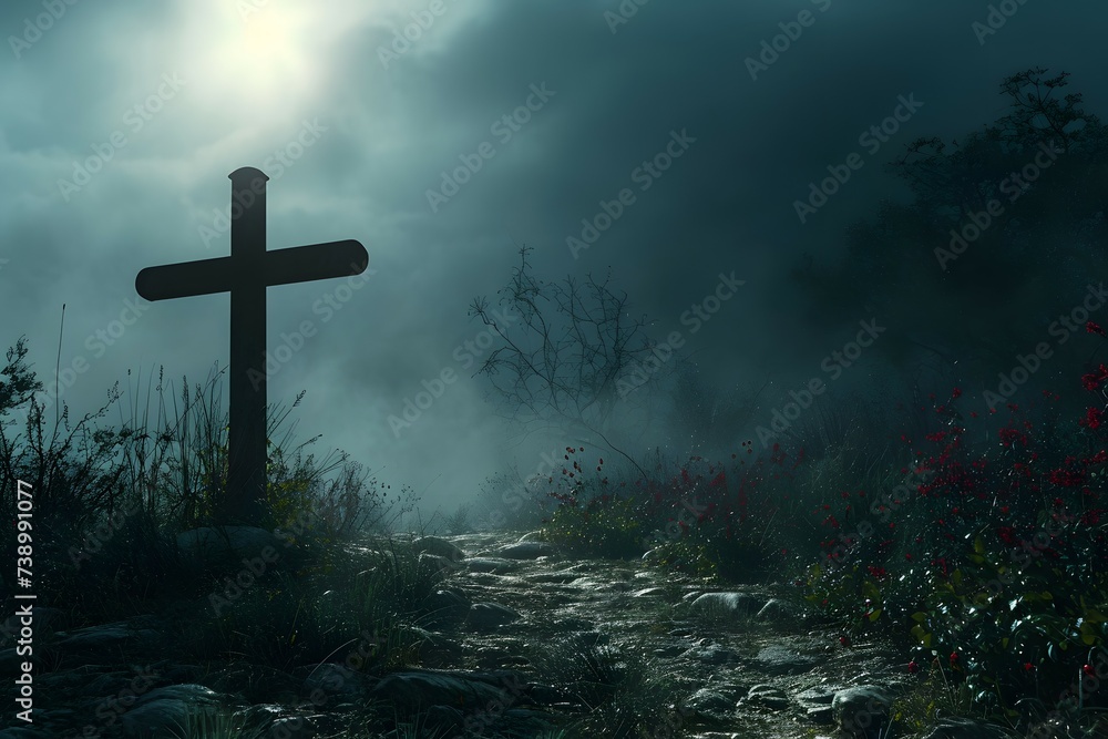 A black cross emerges from the fog under a muted sun A black cross emerges from the fog under a muted sun