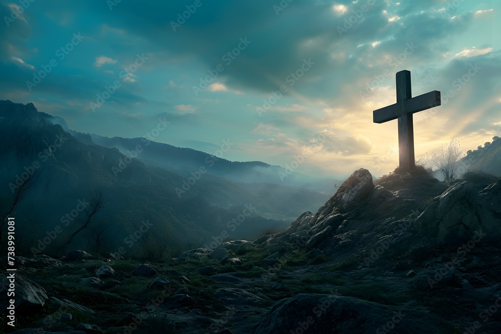 A wooden cross on a rocky hillside, overlooking a misty mountainous valley - obrazy, fototapety, plakaty 