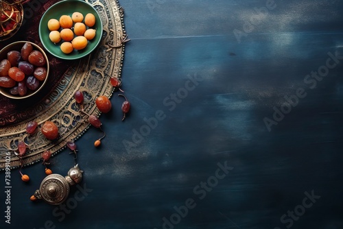 Top view image of decoration Ramadan Kareem background  hands picking up dates fruit  tea and rosary beads. Flat lay background with copy space - generative ai