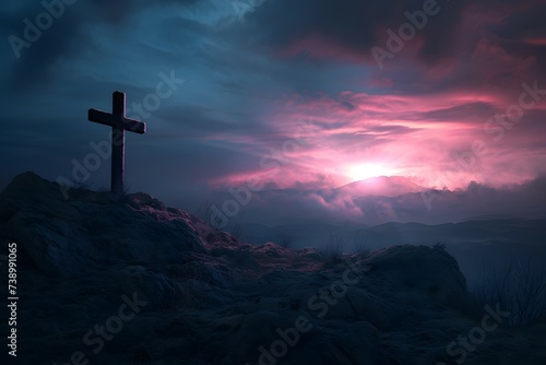 A cross silhouetted against a stunning pink and blue sunset