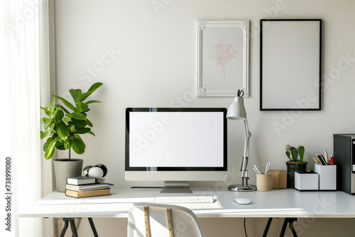 White Desk With Computer Monitor and Keyboard © koala studio