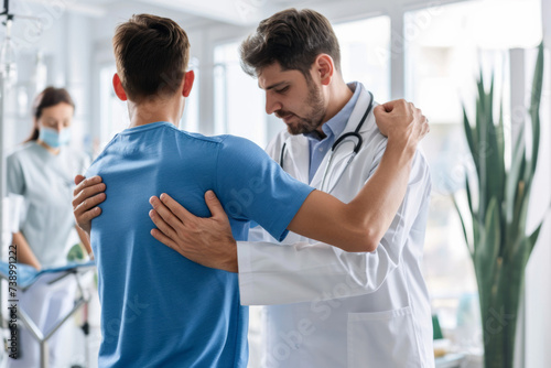 Male Doctor in White Coat Examining Male Patient in Blue Shirt