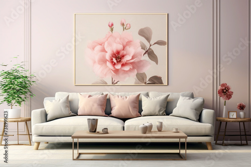 Large upholstered sofa with cushions with side occasional tables set against pale pink pink wall with large floral wall art frame interior design mock up