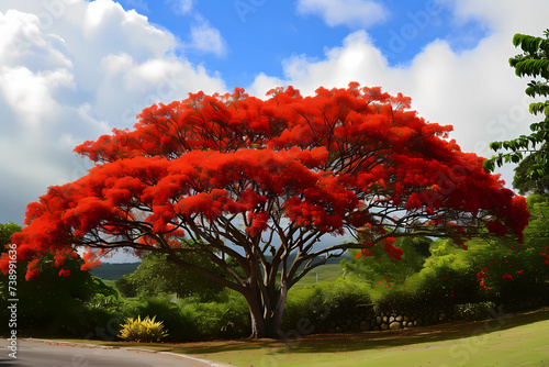 Flame tree (Delonix regia) - Madagascar - Flame trees, also known as royal poincianas, are deciduous trees with a spreading canopy of fern-like leaves and vibrant red or orange flowers