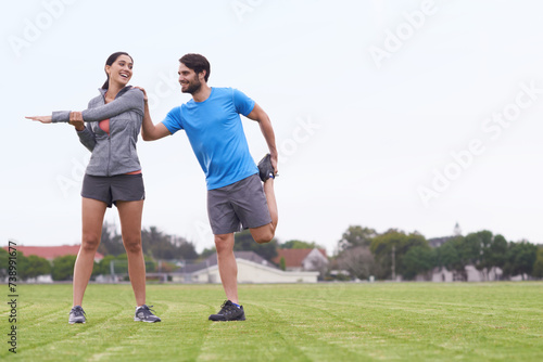Happy couple, fitness and stretching body on green grass for outdoor workout or exercise in nature. Active, young man and woman in warm up together for training, health and wellness on mockup space