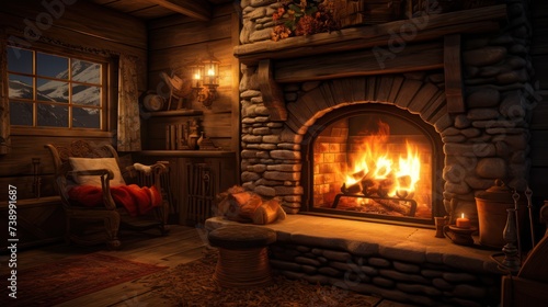 Digital illustration of a log cabin family room  with a heating fireplace in winter. Outdoor view from large glass windows.  
