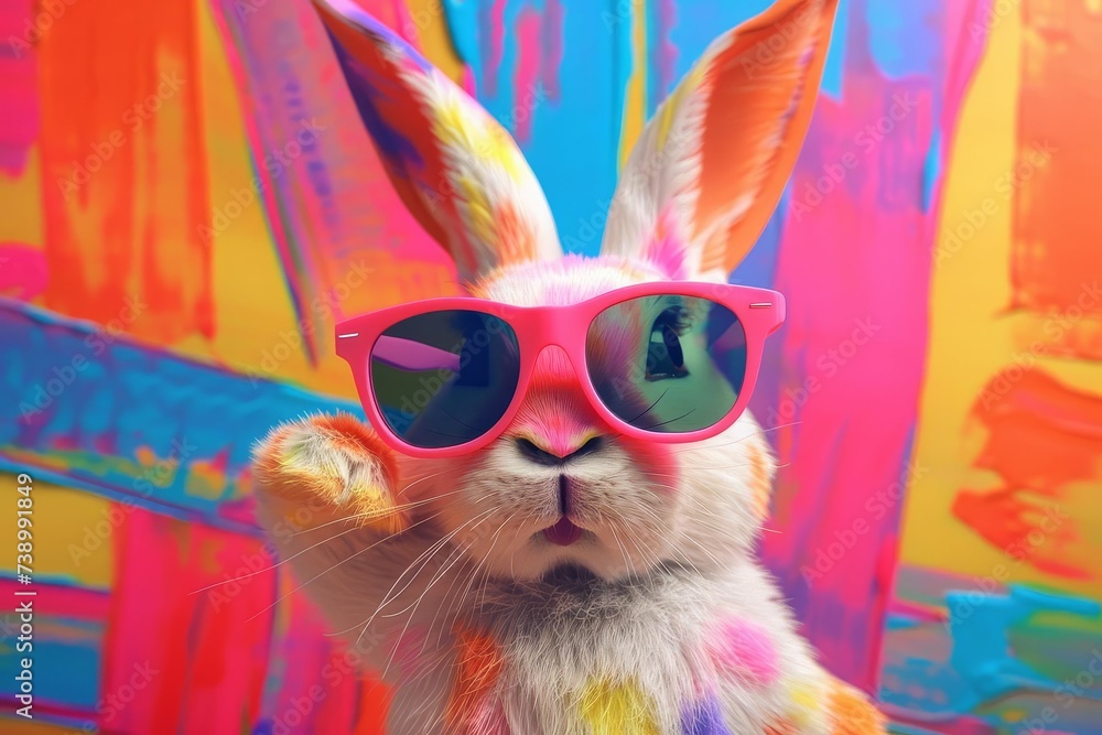 Cool bunny character wearing stylish sunglasses Set against a vibrant and colorful background Embodying fun and modern pop culture