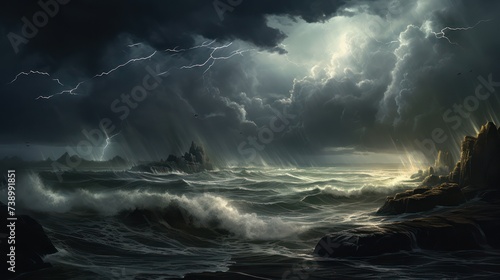 Lightning storm in the sea of violent waves photo