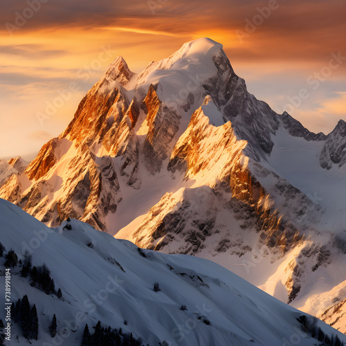 The Majestic Beauty of FW Mountains Bathed in Golden Sunset Light: A Spectacular Vista of Snow-Covered Peaks Against A Clear Sky © Jon