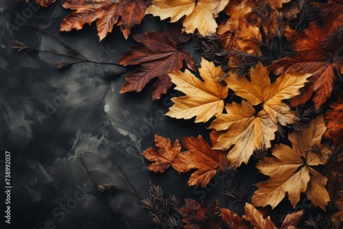Deciduous brown leaves create a natural landscape on a black background © yuchen