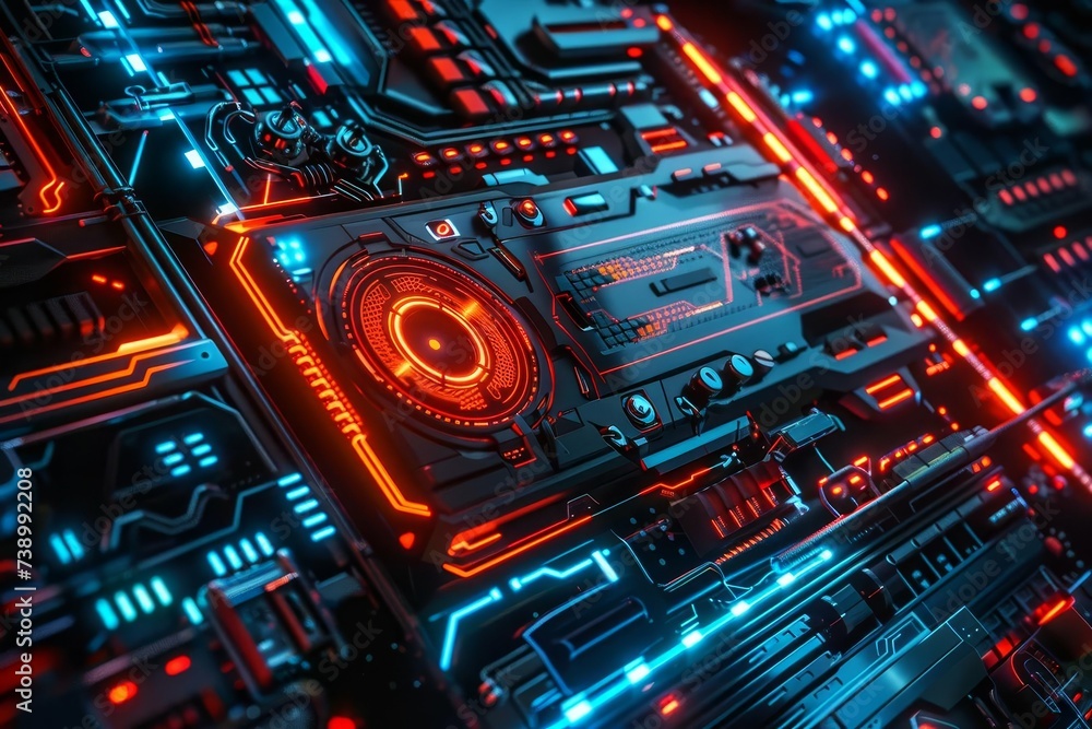 Cyberpunk themed digital wallpaper showcasing futuristic technology and neon aesthetics Perfect for creating a tech-forward and visually striking background.