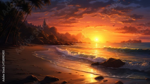 View of the beach, clean and clear wave sea, Sunset golden light sky scene. 