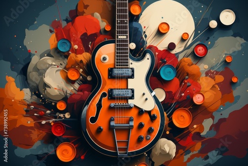 a guitar is sitting on top of a colorful background