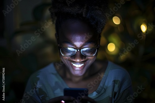 Delighted african american woman engaging with her smartphone Her face lit up by the screen as she enjoys digital communication.