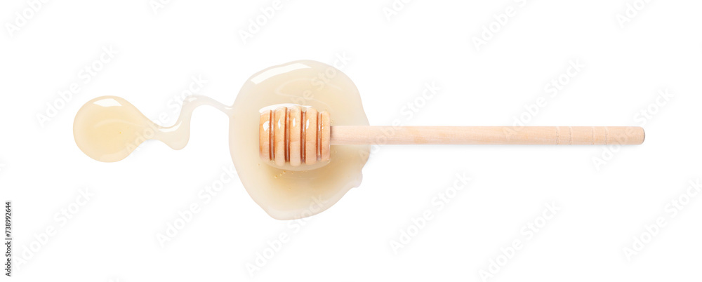 Tasty natural honey and dipper on white background, top view Tasty natural honey and dipper on white background, top view