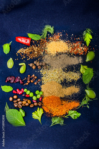 Ground spices lie on a dark background next to peas, parsley, dill and green leaves close-up	
