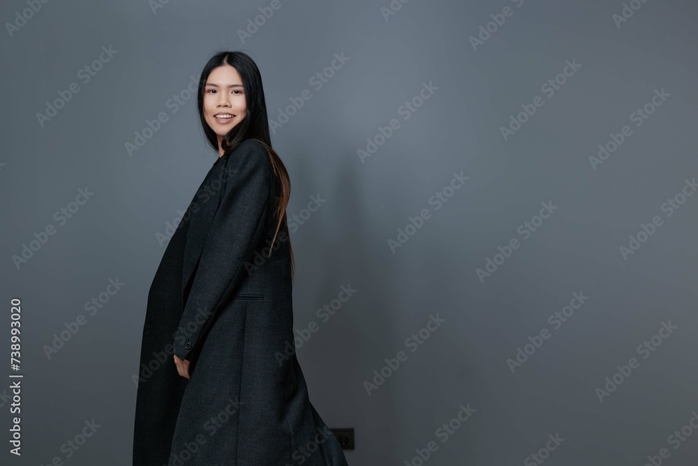 Trendy woman fashion beautiful brunette gray coat asian fall smile beauty girl lifestyle Trendy woman fashion beautiful brunette gray coat asian fall smile beauty girl lifestyle