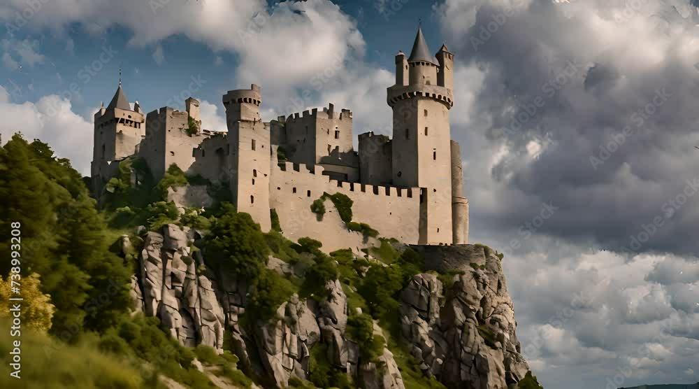 A picturesque medieval castle perched on a rocky cliff
A picturesque medieval castle perched on a rocky cliff