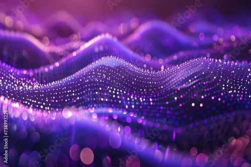 Digital landscape with purple particles creating a wave effect Representing the fusion of art and technology in a mesmerizing display. © Lucija