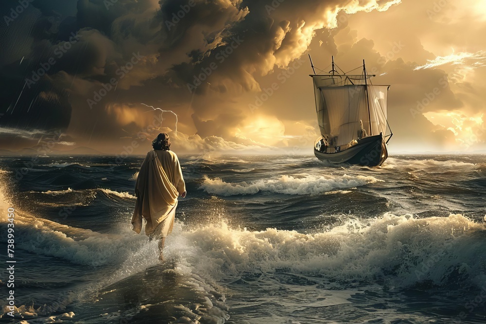 Dramatic depiction of a biblical miracle with jesus christ walking on