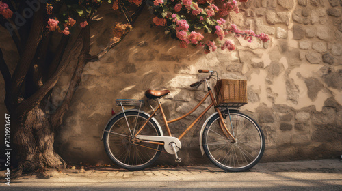 Classic bicycle leaning against a weathered cement sidewalk wall.	

